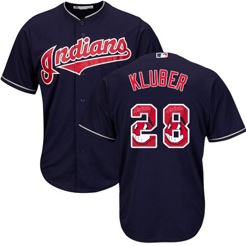 Indians #28 Corey Kluber Navy Blue Team Logo Fashion Stitched MLB Jersey - Click Image to Close